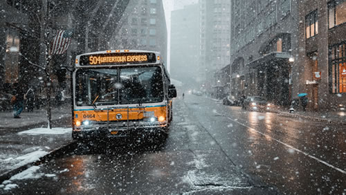 Passenger bus making a stop in snow.